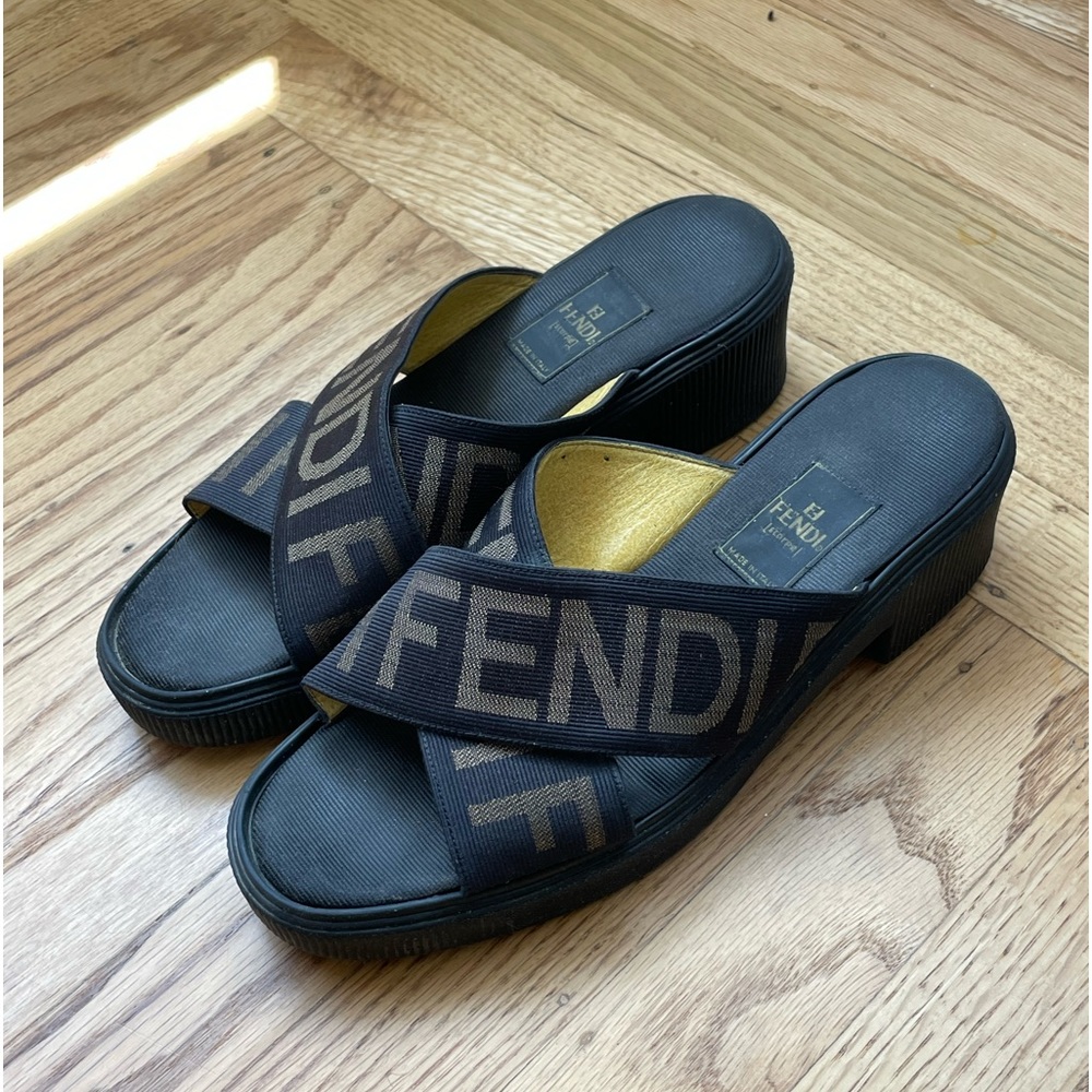 FENDI Vintage Monogram Sandals 39 US8.5 Heels Block Heel Canvas